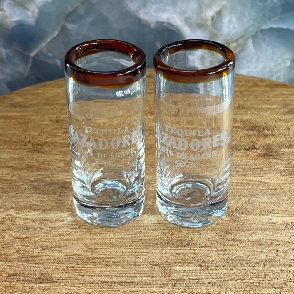 Glass Blown Cazadores Tequila Shot Glasses Amber Rim Thick Glass Set of 2